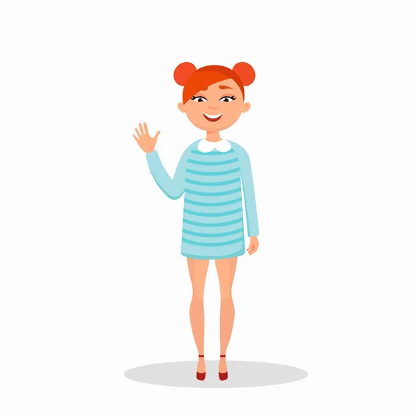 Girl in a dress is laughing and waving, cartoon character isolated on white background. Happy girl in casual style vector flat illustration. — Stock Vector