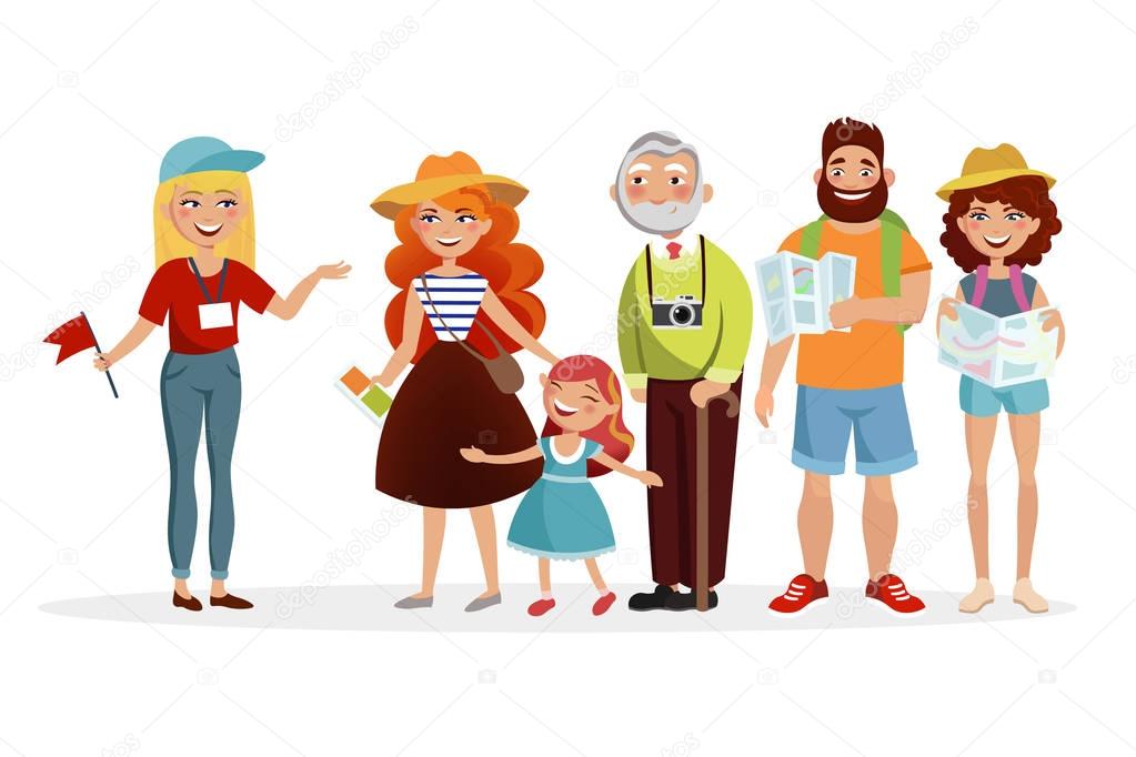 Guide and group of tourists listening her and having an excursion vector illustration in flat design. Various people cartoon characters isolated on white background.