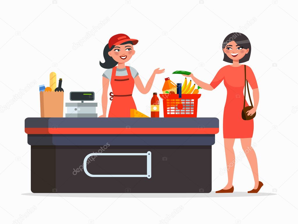 Cashier and buyer at the supermarket vector flat illustration isolated on white background. Woman purchasing products and cashier smiling at the cashbox with goods in the basket.