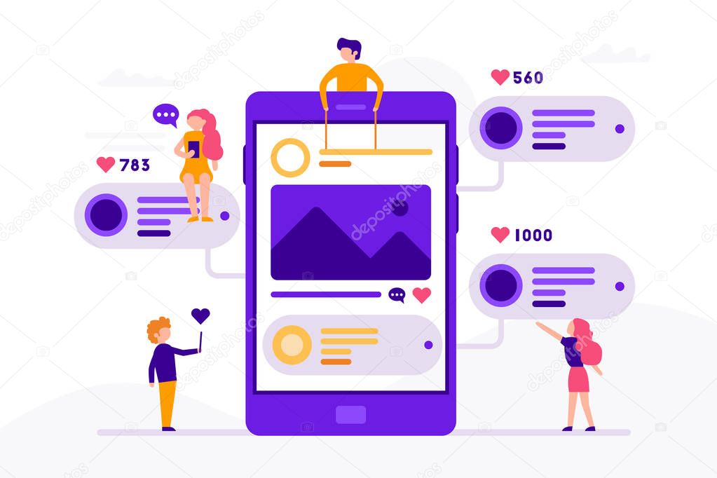 Social media concept banner with phone and small people around it having chat, mailing with likes and photos. Vector illustration in flat design with smartphone isolated on white background.