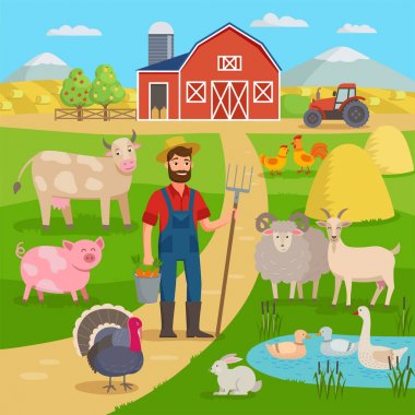 Mutlu çiftçi tarım Peyzaj ve çiftlik hayvanları önünde duran çiftlik ahır ve kırpma alanları ile. Eko tarım kavramı vektör çizim düz tasarım. Çiftlik infographics için büyük set