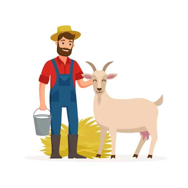 Bonde med get och hink med getmjölk och hö. Jordbruk begreppet vektorillustration i platt design. Glad bonde och djur på gården seriefigurer isolerad på vit bakgrund. — Stock vektor