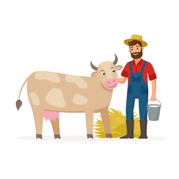 Farmář s krávou a kbelík s mlékem a seno. Zemědělství koncepce vektorové ilustrace v plochý design. Veselé postavičky farmář a Farma zvířat kreslený izolovaných na bílém pozadí. — Stockový vektor