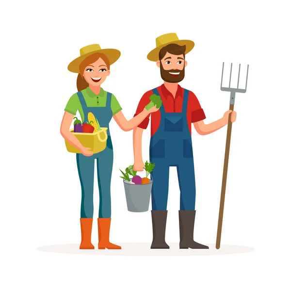 Felices agricultores vector de diseño plano aislado sobre fondo blanco. Personajes de dibujos animados del hombre y la mujer agricultura concepto ilustración . — Archivo Imágenes Vectoriales