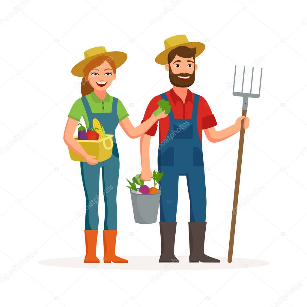 Happy farmers vector flat design isolated on white background. Cartoon characters of man and woman farming concept illustration.