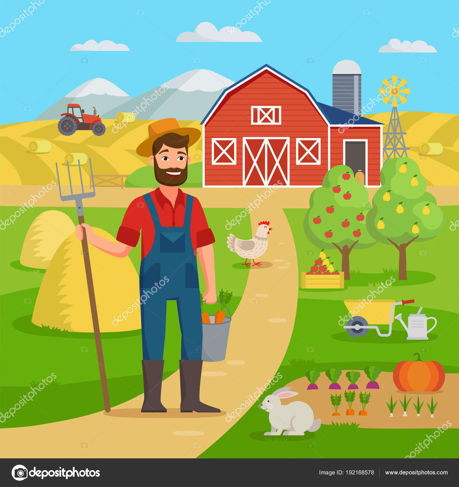 Granjero feliz con el paisaje agrícola y el jardín de pie frente al