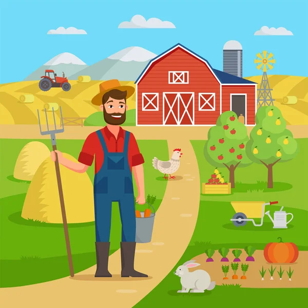 Contadino felice con paesaggio agricolo e giardino in piedi di fronte al fienile e campi coltivati. Eco Farming concetto di illustrazione vettoriale in design piatto. Grande set per infografiche agricole — Vettoriale Stock