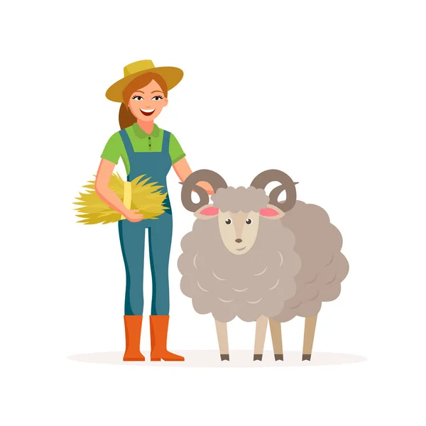 Bonde - kvinna med ett får leende med hö. Jordbruk begreppet vektorillustration i platt design. Glad bonde och djur på gården seriefigurer isolerad på vit bakgrund. — Stock vektor