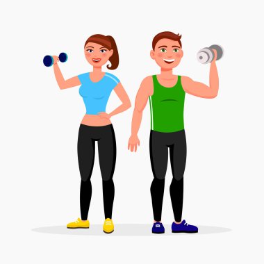Beyaz arka plan üzerinde izole fitness çift. Erkek ve kadın iyi durumda dumbbells ile spor vektör çizim düz tasarım tarzı giyinmiş.