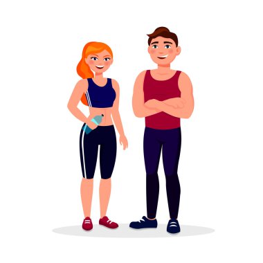 Beyaz arka plan üzerinde izole fitness çift. Gülümseyen erkek ve kadın spor vektör çizim düz tasarım tarzı giyinmiş iyi durumda.