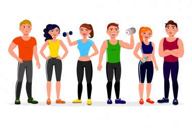 Fitness insanlar düz tasarım illüstrasyon vektör. Sporcularda egzersiz spor çizgi film karakterleri beyaz arka plan üzerinde izole. Spor elbise dumbbells ile bir grup insan giymiş.