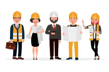 Engineers cartoon characters isolated on white background. Group of Technicians, builders, mechanics and work people vector flat illustration. clipart