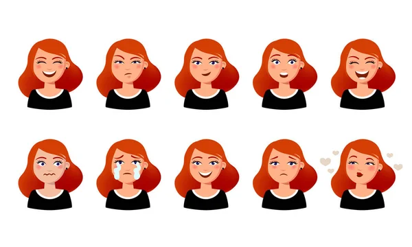 As expressões faciais da mulher. Menina bonito com várias emoções vetor ilustração plana. Dez rostos emocionais para adesivos no design de personagens de desenhos animados isolados em fundo branco . —  Vetores de Stock