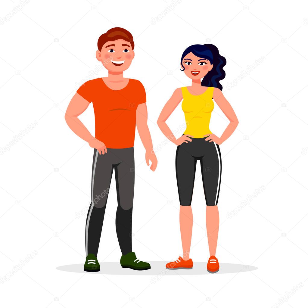 Fitness couple isolated on white background. Young man and woman in good shape dressed in sportswear vector illustration in flat design style.