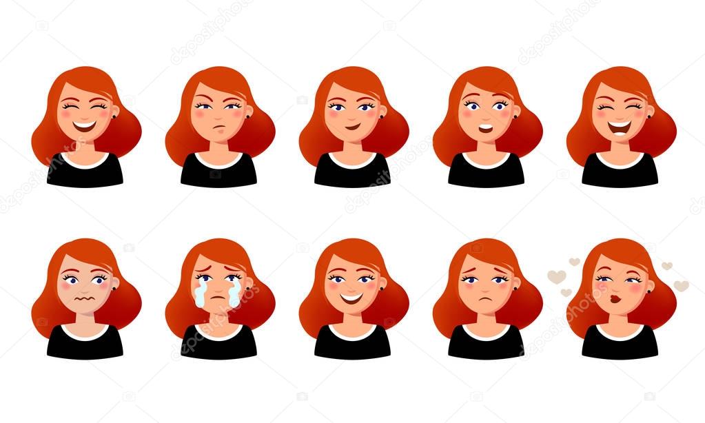 Woman s facial expressions. Cute girl with various emotions vector flat illustration. Ten emotional faces for stickers in cartoon character design isolated on white background.