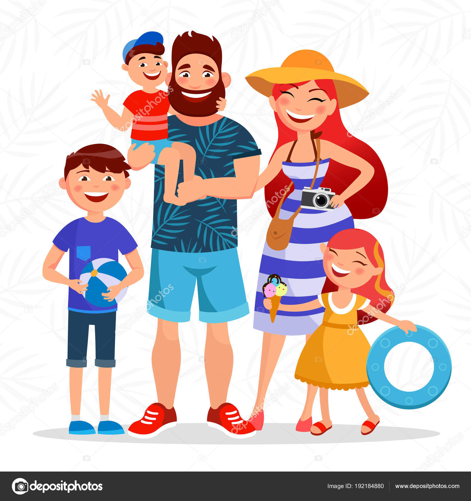 Happy family on summer vacation going to the beach and having rest close to  the sea. Parents and children cartoon characters vector flat illustration  isolated on summer background. Stock Vector Image by ©