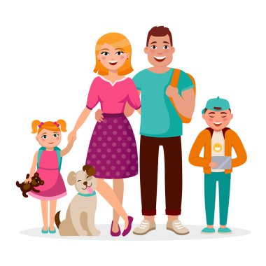 Beyaz aile çizgi film karakterleri beyaz arka plan üzerinde izole düz tasarım vektör. Mutlu ebeveynler ve çocuklar birlikte. Anne, baba, oğlu, kızı ve sevimli köpek.