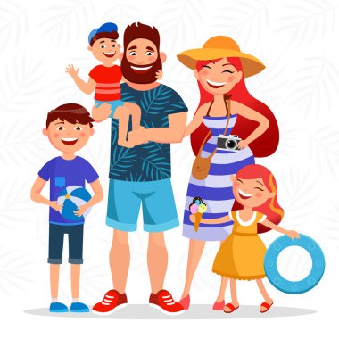 Mutlu aile plaj going için ve geri kalan deniz yakın olan yaz tatil. Ebeveynler ve çocuklar çizgi film karakterleri vektör düz illüstrasyon izole yaz arka plan üzerinde.