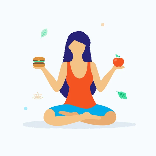 Yoga y estilo de vida saludable concepto vectorial ilustración en diseño plano. Mujer en posición de loto sentada y sosteniendo manzana fresca y hamburguesa comparando los beneficios aislados sobre fondo claro . — Archivo Imágenes Vectoriales