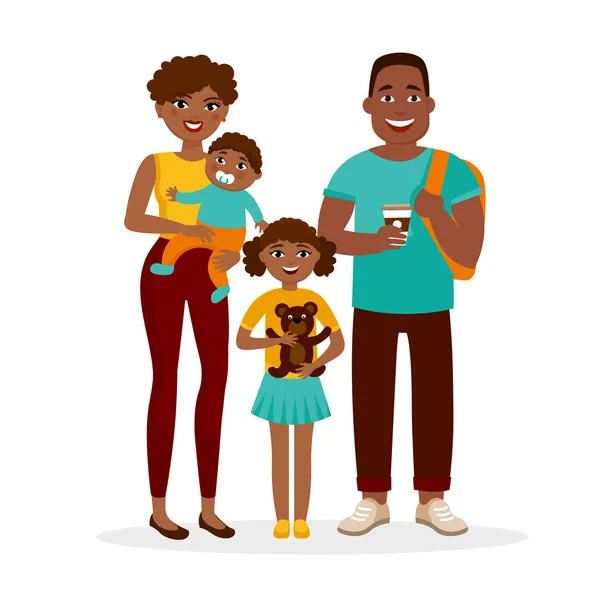 Giovane famiglia afroamericana in piedi insieme isolato su sfondo bianco. Genitori allegri e bambini personaggi dei cartoni animati vettoriale illustrazione piatta. Madre, padre, figlia e figlio . — Vettoriale Stock