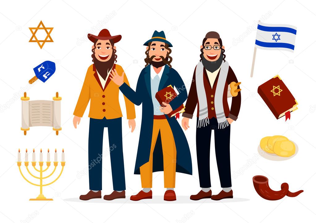 Cartoon jews characters icons collection isolated on white background with jewish symbols and holidays attributes vector illustration