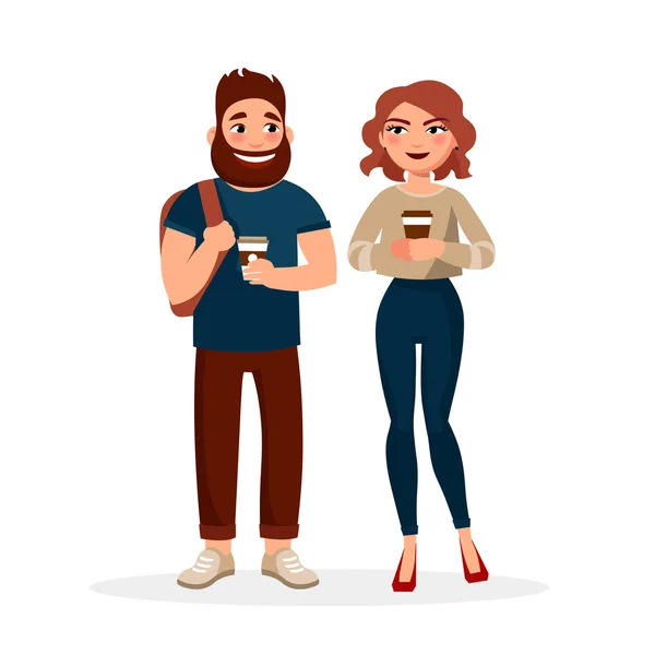 Young people meeting and drinking coffee outdoors. Two students girl and boy at lunch or breakfast having coffee break. Urban lifestyle concept illustration in flat design isolated on white background — Stock Vector