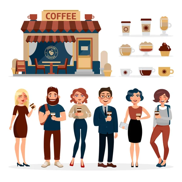 People drinking coffee outdoors isolated on white background. Coffee shop infographic elements with young people and coffee drinks vector illustration in flat design. — Stock Vector