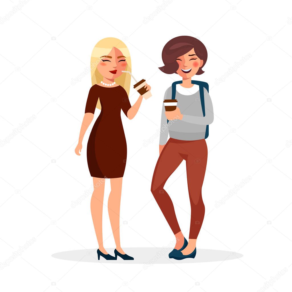 Young people meeting and drinking coffee outdoors. Two girls - students at lunch or breakfast having coffee break. Urban lifestyle concept illustration in flat design isolated on white background.
