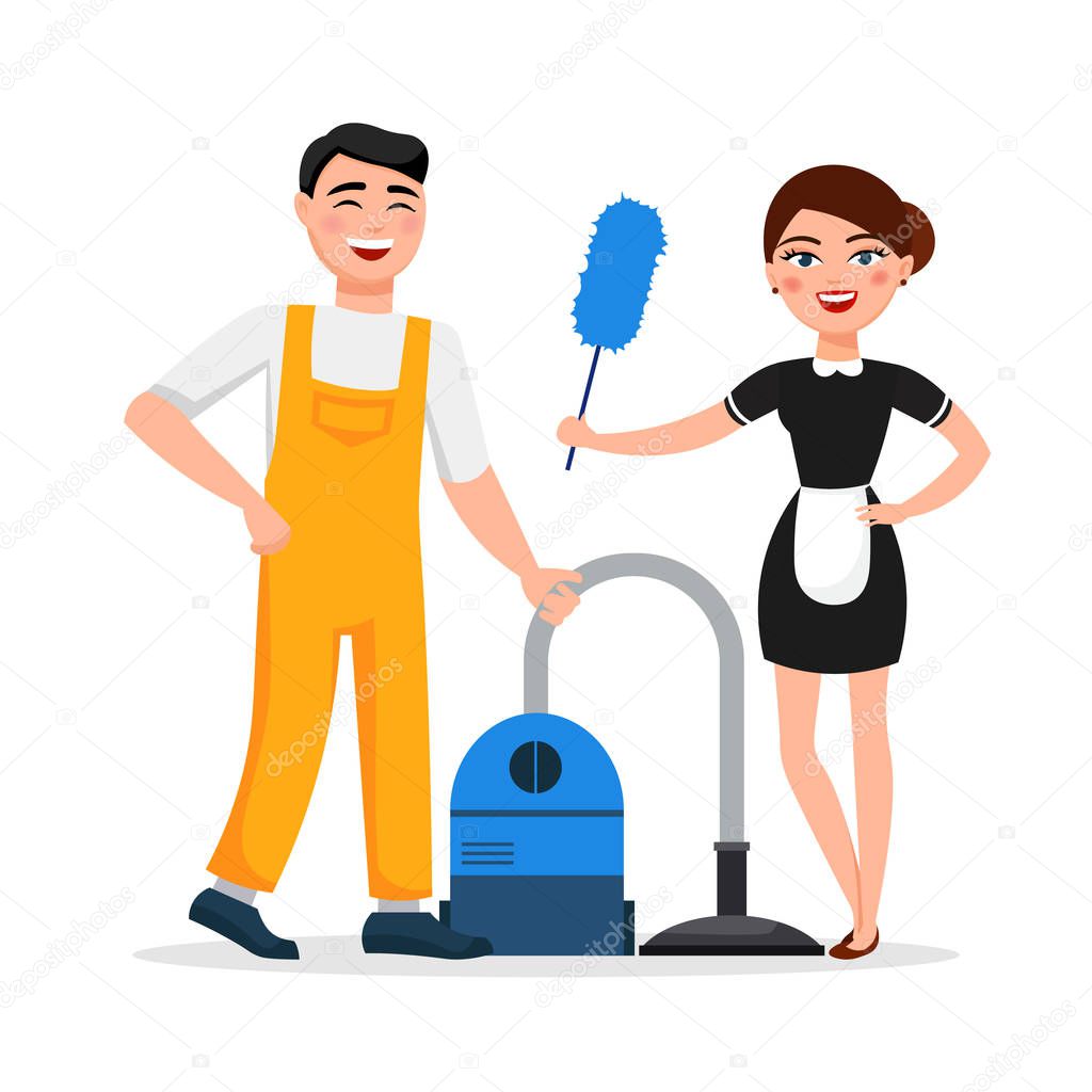Reinigung Servicepersonal lächelnd Zeichentrickfiguren isoliert auf