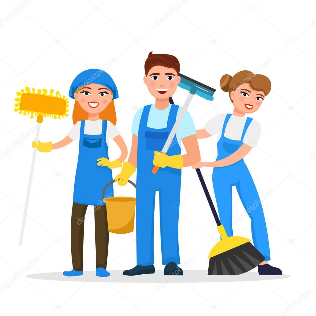 Cleaning service staff smiling cartoon characters isolated on white background. House cleaners dressed in uniform vector illustration in a flat style. Cute and cheerful workers housekeeping concept.