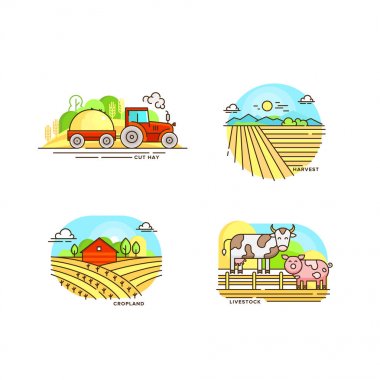 İçini kaplamak çizmek logo toplama tarım. Çiftlik manzaraları, ahır, traktör, cropfield vektör düz illüstrasyon izole beyaz arka plan üzerinde. Doğal çevre tarım ürünleri için etiketleri