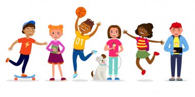 Funny children cartoon characters vector illustration in flat design. Girls and boys doing activities, walking, jumping, having fun. Kids different races isolated on white background. vector Funny children cartoon characters vector illustration in flat design. Girls and boys doing activities, walking, jumping, having fun. Kids different races isolated on white background. vector