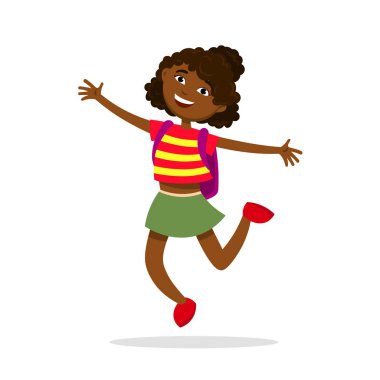 Beyaz arka plan üzerinde izole bir sırt çantası atlama ve sahip eğlenceli sevimli Afro Amerikalı kız. Komik neşeli öğrenci kız düz tasarım.