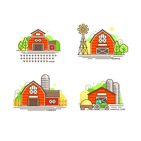 Farming logo collection in line design. Farm barns, farmhouses, windmill vector flat illustration isolated on white background. Labels for natural eco farm products — Stock Vector