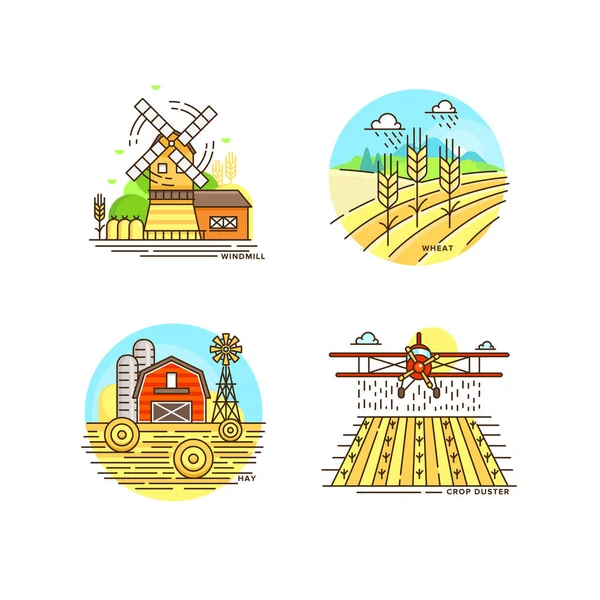 Колекція логотипів фермерства в лінійному дизайні. Фермерські ландшафти, сарай, вітряк, посівне поле, пшениця Векторні плоскі ілюстрації ізольовані на білому тлі. Етикетки для натуральних екологічних ферм — стоковий вектор