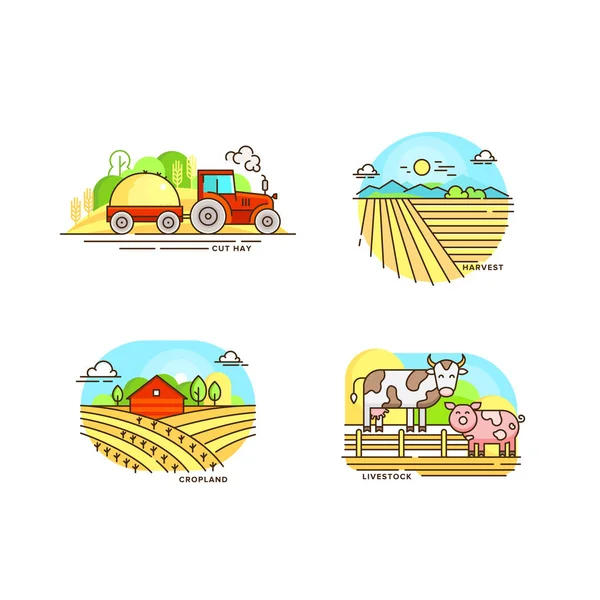 Γεωργία συλλογή λογότυπο σε γραμμή σχεδίασης. Γεωργικών τοπίων, αχυρώνα, τρακτέρ, επίπεδη εικονογράφηση cropfield φορέα που απομονώνονται σε λευκό φόντο. Ετικέτες για φυσικά οικολογικά γεωργικά προϊόντα — Διανυσματικό Αρχείο