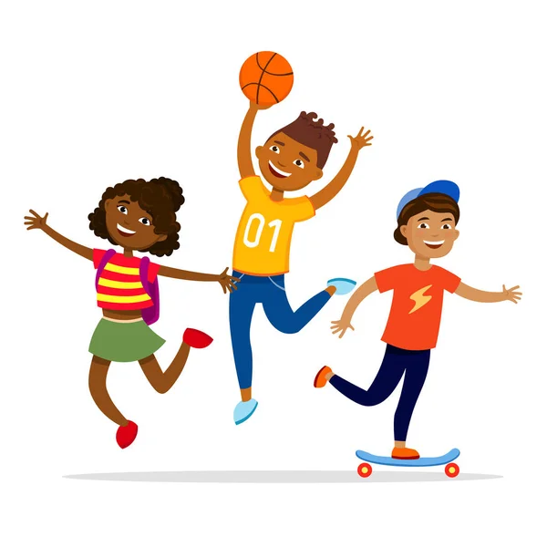 Gyermek sport tevékenységek fogalmát vektor lapos illusztráció. Vidám gyerekek gyaloglás, miután fél, és csinálás szabadban elszigetelt fehér background tevékenységek. Lány és fiú, ugrás, játék — Stock Vector