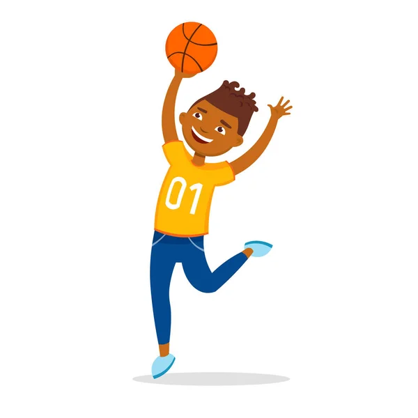 Веселый мальчик играет в баскетбол и прыжки векторные плоские иллюстрации изолированы на белом фоне. Милый афро-американский баскетболист развлекается . — стоковый вектор