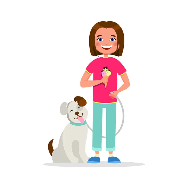 Jolie fille promener le chien et manger de la crème glacée, ayant vecteur amusant illustration plate isolé sur fond blanc. Concept d'amitié de fille et chien ensemble — Image vectorielle