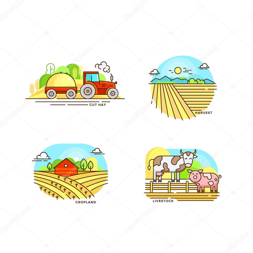Farming logo collection in line design. Farm landscapes, barn, tractor, cropfield vector flat illustration isolated on white background. Labels for natural eco farm products
