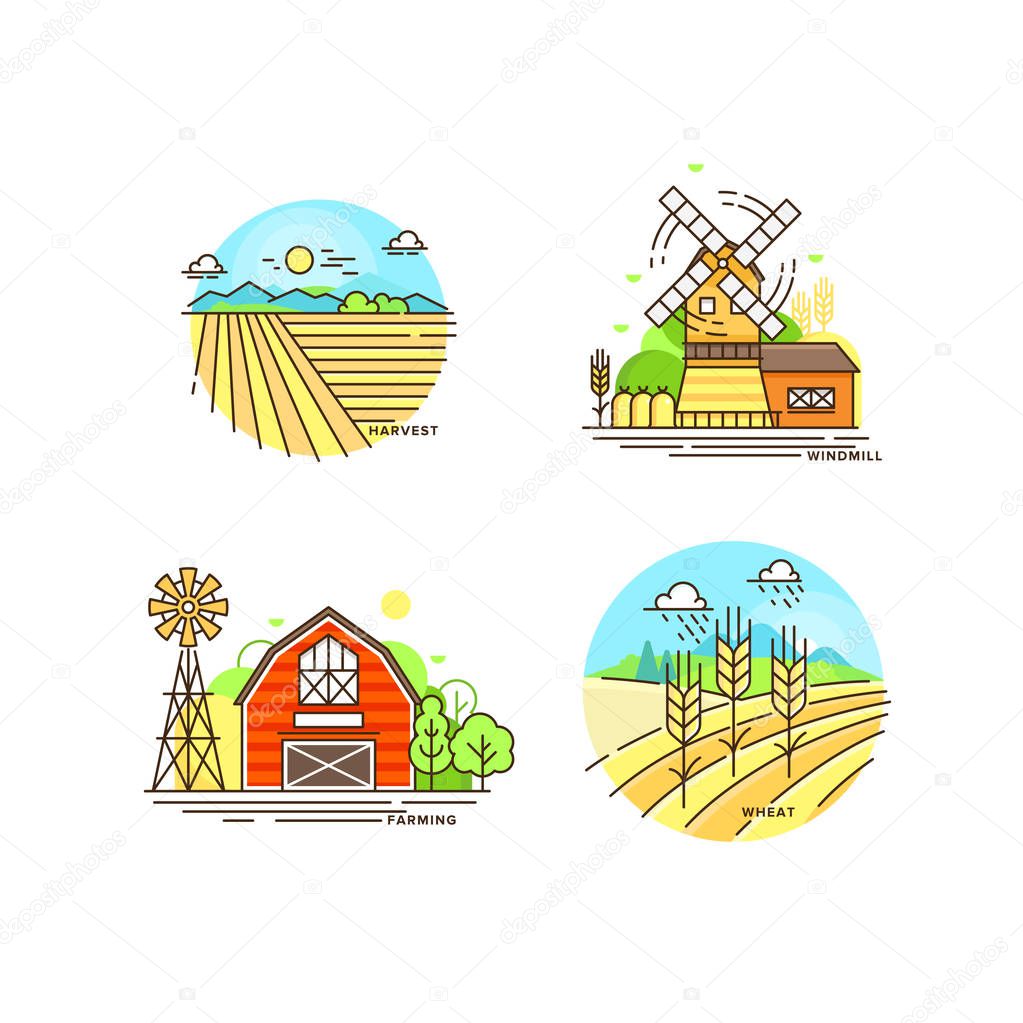 Farming logo collection in line design. Farm landscapes, barn, windmill, cropfield vector flat illustration isolated on white background. Labels for natural eco farm products