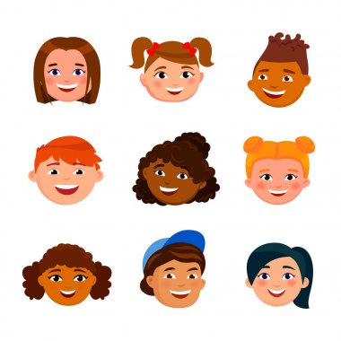 Çeşitli çocuk üzerinde izole beyaz arka plan karşı karşıyadır. Kızlar ve erkekler için şirin komik Infographic öğelerinde başkanları tasarım düz.