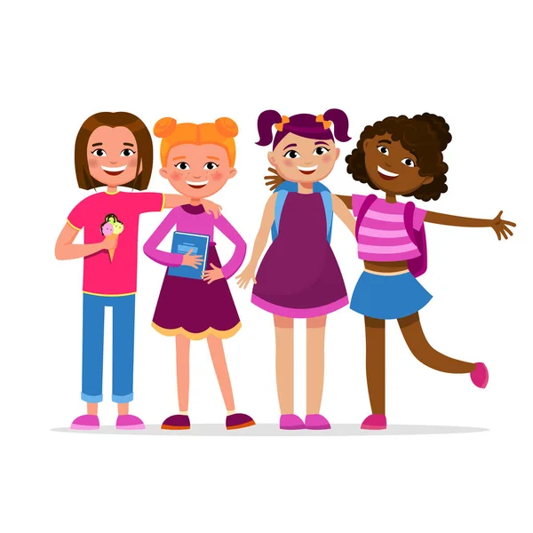 Leuke meisjes plezier samen permanent vector stripfiguren geïsoleerd op een witte achtergrond. School meisje vriendschap concept platte illustratie. Studenten in verschillende poses knuffelen, glimlachend. — Stockvector