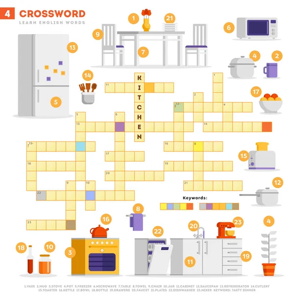 Crossword with huge set of illustrations and keyword in vector flat