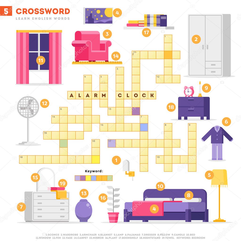 Crossword with huge set of illustrations and keyword in vector flat design isolated on white background. Crossword 5 - Bedroom - learning English words with images