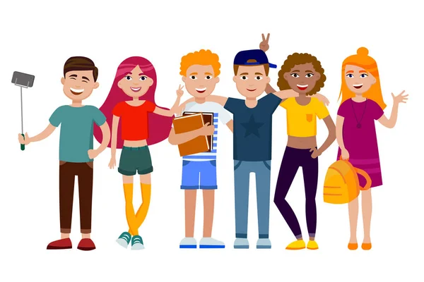 Sevimli mutlu gençler eğleniyor, gadgets, sırt çantaları ve kitaplar ile birlikte ayakta grubudur. Okulu öğrenci öğrencileri. Gençlerin karikatür tarzı vektör düz illüstrasyon izole Beyaz dizi.