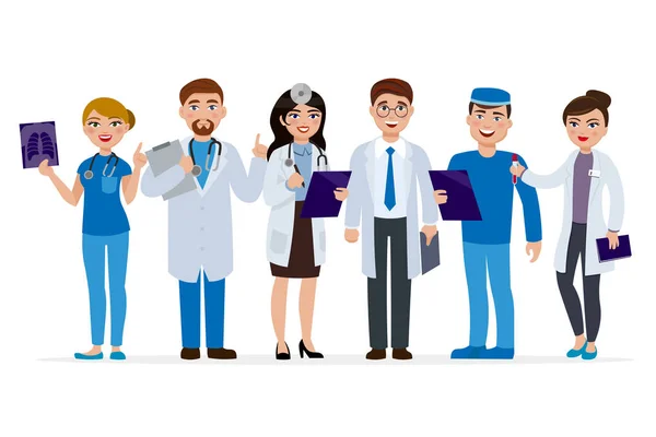 Medical staff cartoon characters vector flat illustration. Set of doctors isolated on white background. Medical team of cute people, group of hospital workers smiling and standing together. — Stock Vector