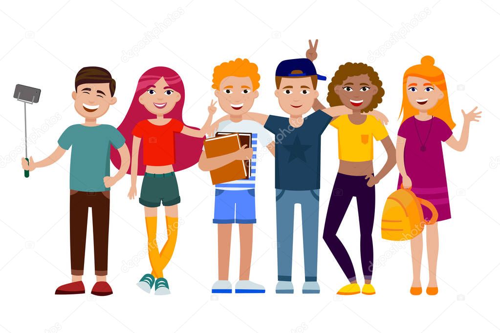 Group of cute happy teenagers having fun, standing together with gadgets, backpacks and books. School students. Set of young people in cartoon style vector flat illustration isolated on white.