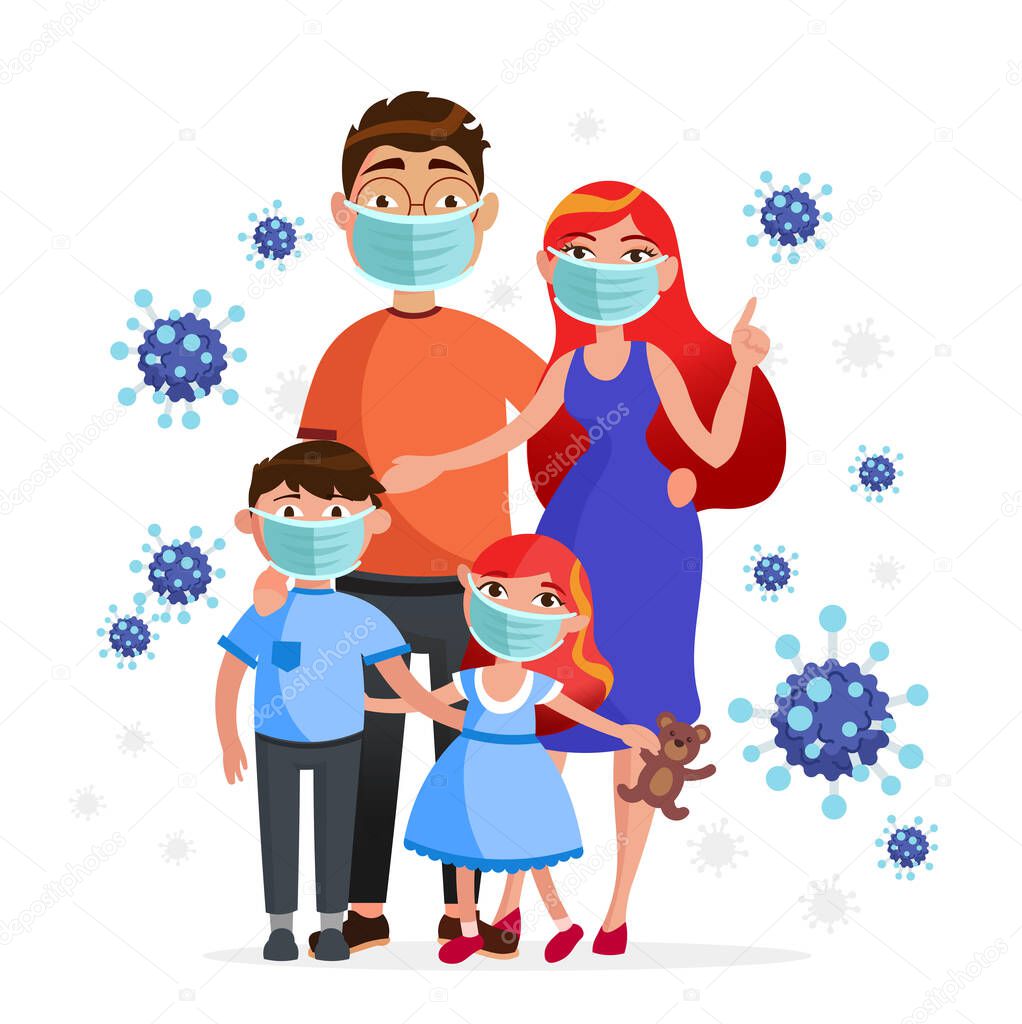 Family wearing protective medical masks to prevention from coronavirus Covid-19. Mother, father, son and daughter in masks concept characters and viruses around, flat illustration, healthcare topic.