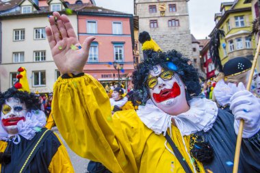 ROTTWEIL , GERMANY - FEB 24 : Participant in the Rottweil Carnival in Rottweil , Germany on February 24 2020.  The carnival known as Fasnacht is a custom in southwest Germany 